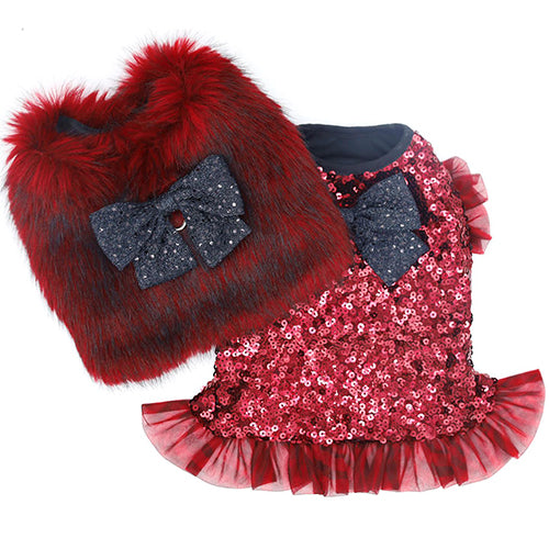 Sparkle Sequin Dog Dress in Red and Faux Fur Dog Vest in Red Combo by Fetch Shops
