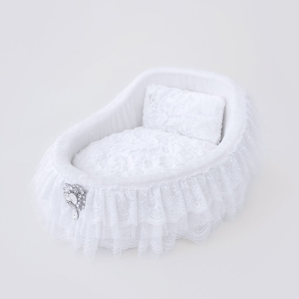 Crib Dog Bed with Ruffles in White by Fetch Shops
