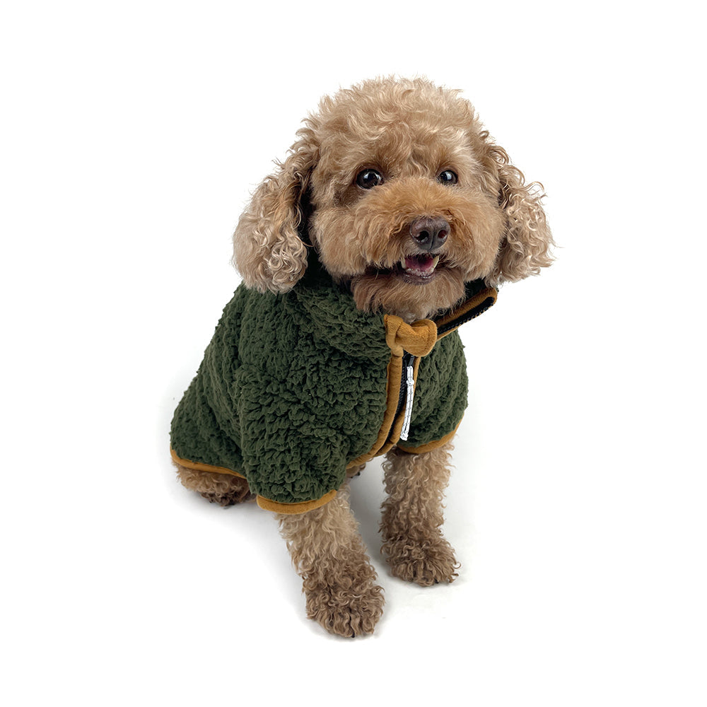 Sherpa Fleece Dog Jacket in Pine/Yuzu on Dog Model by Fetch Shops