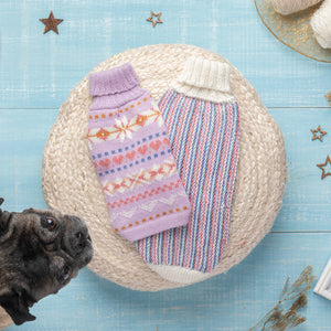 Lavender Sunrise and Popcorn Candy Alpaca Dog Sweaters by Fetch Shops