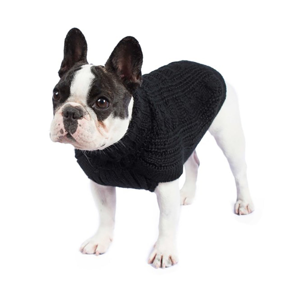 
                
                    Load image into Gallery viewer, Chunky Cable Knit Dog Sweater in Black on Model by Fetch Shops
                
            