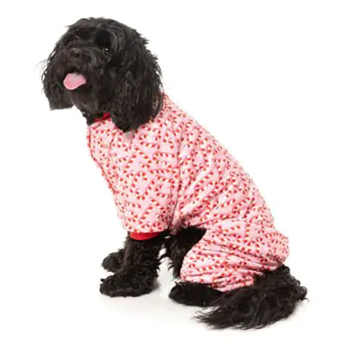 
                
                    Load image into Gallery viewer, Candy Cane Pink Dog Pajama on Model by Fetch Shops
                
            