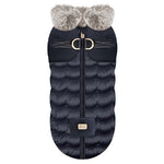 CLEA Quilted Harness Dog Coat with Faux Fur Trim in Navy