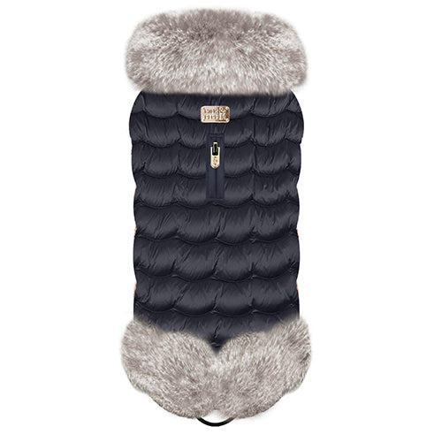 EMMA Quilted Dog Coat with Faux Fur Trim in Navy