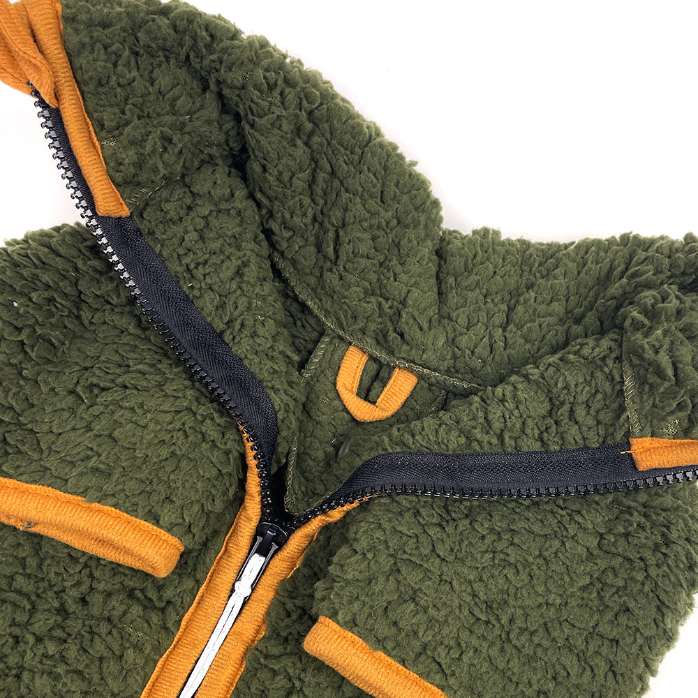 
                
                    Load image into Gallery viewer, Sherpa Fleece Dog Jacket in Pine/Yuzu Detail by Fetch Shops
                
            