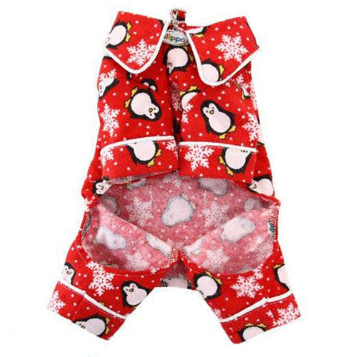 
                
                    Load image into Gallery viewer, Penguins and Snowflakes Holiday Flannel Dog Pajamas front by Fetch Shops
                
            