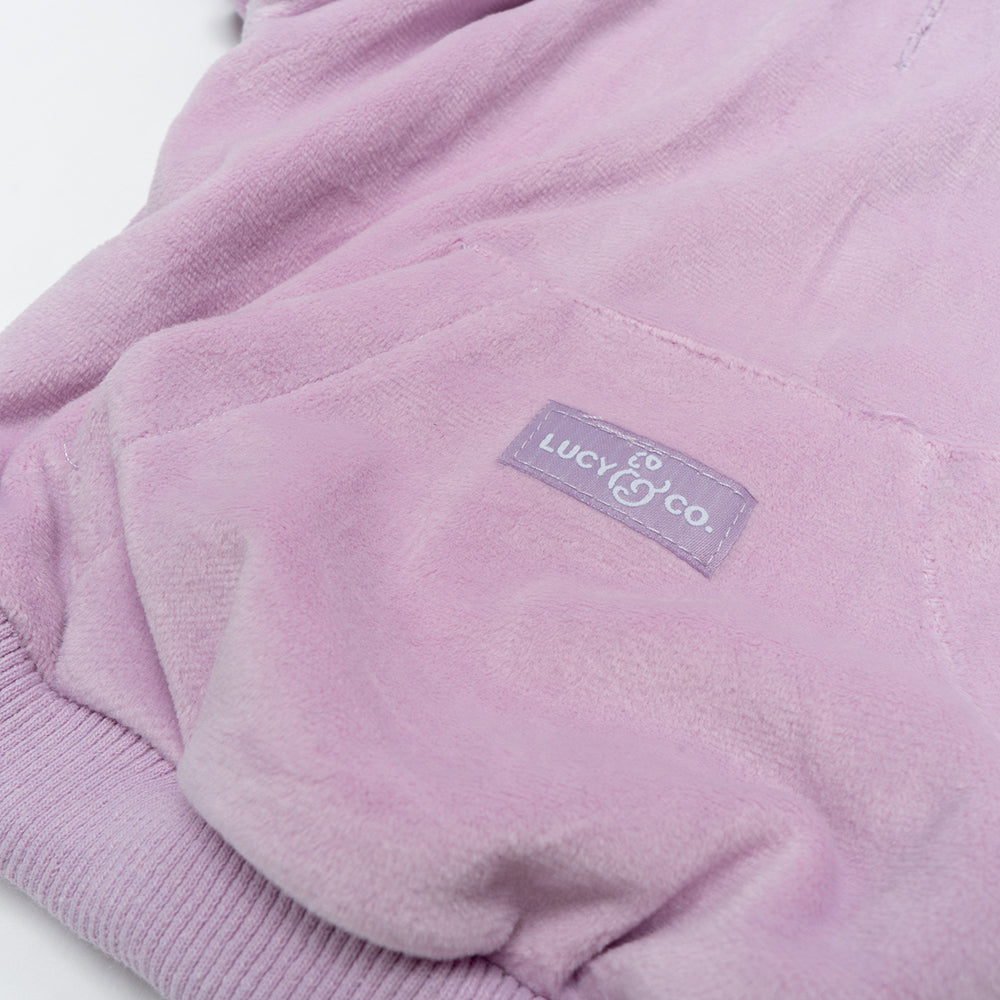 
                
                    Load image into Gallery viewer, The Lilac Velour Dog Hoodie Detail by Fetch Shops
                
            