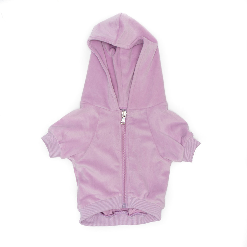 
                
                    Load image into Gallery viewer, The Lilac Velour Dog Hoodie Front by Fetech Shops
                
            
