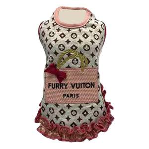 Furry Vuiton Shopping Bag Ruffle Dog Dress by Fetch Shops