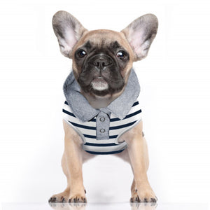 
                
                    Load image into Gallery viewer, Milk &amp;amp; Pepper Yachtie Navy Stripe and Denim Polo Dog Top on Model by Fetch Shops
                
            