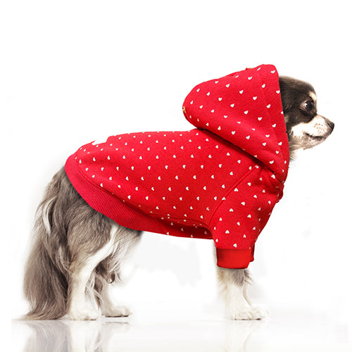 
                
                    Load image into Gallery viewer, Juliette Heart Print Hooded Fleece Dog Jacket on Model by Fetch Shops
                
            