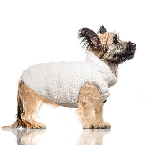 
                
                    Load image into Gallery viewer, KIERAN Reversible Dog Coat in Ivory Sherpa on Model by Fetch Shops
                
            