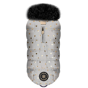 
                
                    Load image into Gallery viewer, YUMI Dog Coat in Silver Grey with Metallic Hearts by Fetch Shops
                
            