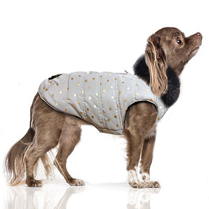YUMI Dog Puffer Coat in Silver Grey with Metallic Hearts on Model by Fetch Shops